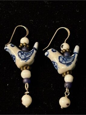 White Blue Porcelain Birds 925 Wires Handcrafted